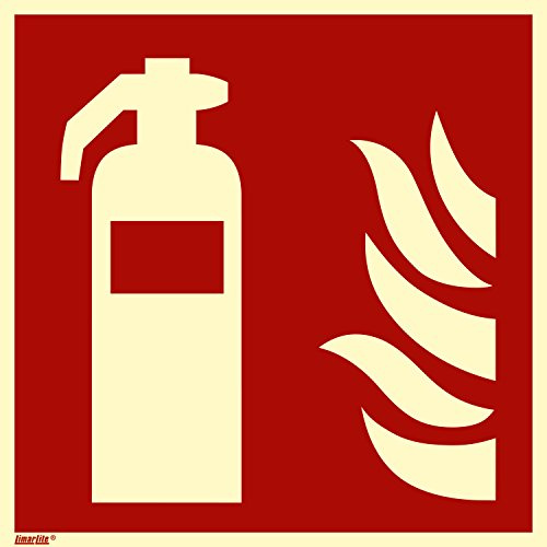 Feuerlöscher Schild 150 x 150 mm – Kunststoff langnachleuchtend 55/8 mcd DIN 67510 Leuchtklasse B, selbstklebend, Brandschutzzeichen F001, Sicherheitskennzeichen gemäß ASR A1.3 / ISO 7010 DIN 67510