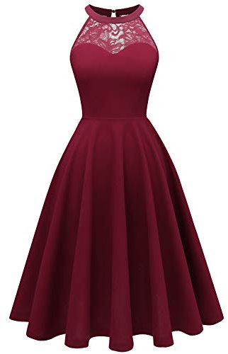 Bbonlinedress Robe de Soirée Cocktail Femme Halter Vintage pour Mariage Fête Bal Anniversaire Resto Evènement Sortie A Ligne Longueur au Genou Claret XS