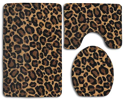 GGdjst Leopard Skin 3 Stück Matte rutschfest Bad-Teppich,Contour Bathroom Rug Set,Absorbent Flannel Badematte, Non-Slip,Thick,Microfiber Bathrug,Shower Toilet Bathmats Carpet