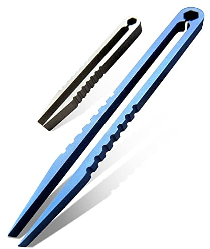 Canku Lot de 2 mini-pinces à épiler EDC portables en alliage de titane, mini-outil de survie, de camping, de plein air et de voyage, bleu