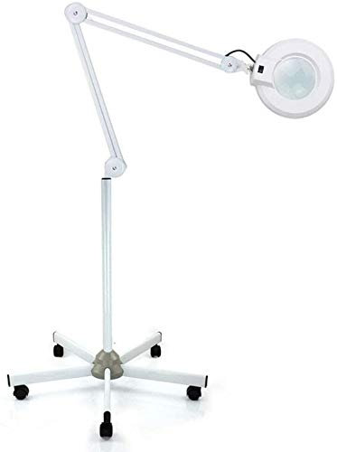 MINUS ONE Kosmetische Lupenlampe LED Lupenleuchte auf mit Rollstativ Kosmetik Arbeitsleuchte Kosmetiklampe Kosmetikleuchte Lupenleuchte Set Arbeitsplatzlampe Schwenkarm Vergrößerungslampe Weiß