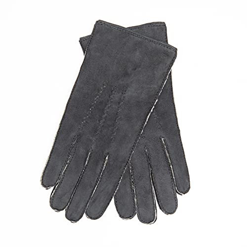 EEM Damen Lederhandschuhe, weiches Neuseeland Lammfell, kuscheliges Fell, handgenäht, graublau S