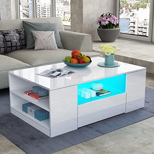 AWOOOD Coffee Table for Living Room,Side Table Modern Wooden Centre Table,Gloss Coffee Tables for Home (White Table+LED Light)