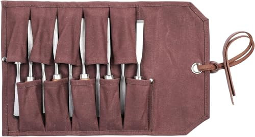 Heavy Duty Waxed Canvas Chisel Roll Bag, Multi-function Tool Bag with 10 Staggered Pockets, Leather Rope