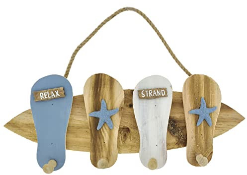 MichelToys Hakenleiste Garderobe aus Holz, maritim, Relax Strand, zum Hängen, 43x17x5,5cm, blau weiß Natur