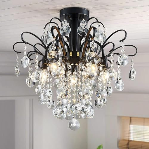 WUZUPS Kristall Kronleuchter 5-flammig Pendelleuchte Deckenleuchte moderne Leuchte für Schlafzimmer Flur Bar Küche Bad, H 45 x B 50, E14 Sockel, Schwarz