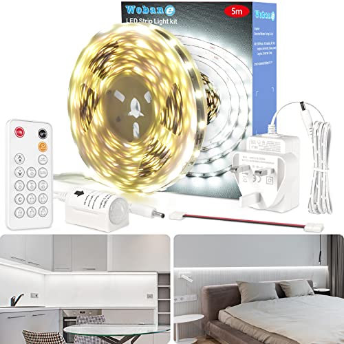WOBANE Motion Sensor 5m LED Strip Light with Remote,Dimmable 12V Wardrobe Lights,LED Tape Lights for Kitchen,Cabinet,Cupboard,Closet,Stairs,Timming,300 LEDs,6000K