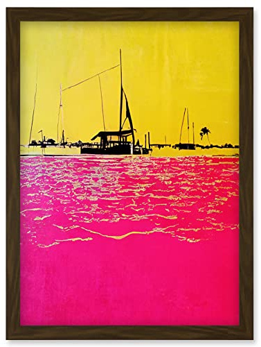 Wee Blue Coo Modern Abstract Seaside Port With Colour Blocking Yellow and Hot Pink Artwork Framed Wall Art Print A4