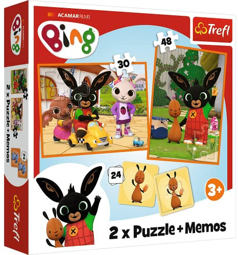 Trefl - Bing mit Freunden - 3in1: 2X Puzzles + Gedächtnisspiel, Puzzles mit Bing Märchenfiguren, 30 und 48 Elemente, Verschiedene Schwierigkeitsgrade, 24 Memos, Spaß für Kinder ab 3 Jahren