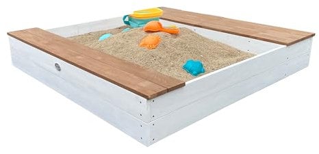 AXI Evy Sandkasten aus Holz mit Wasserbehälter, Sitzbank & Stauraum | Sandbox für Kinder in Weiß & Braun mit Abdeckung & Plane | 119 x 117 cm