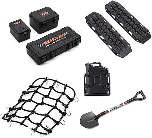 Ezweiji RC Crawler Zubehör, 1/10 Truck Dachträger Rc Zubehör Set 8 in 1 Tankaufbewahrungsbox, Gepäcknetz, Schaufel für Traxxas Slash Axial SCX10 TRX4 (Schwarz 1/10)