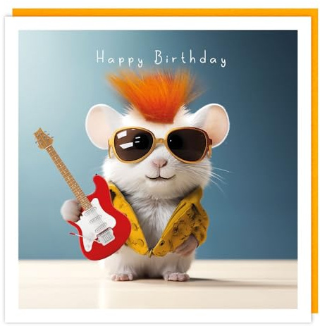 Funny Birthday Card - Male Card for Him - Rockstar Mouse - Music Guitar Design - Embellished Fluff Design - Made in the UK - Eco-Friendly