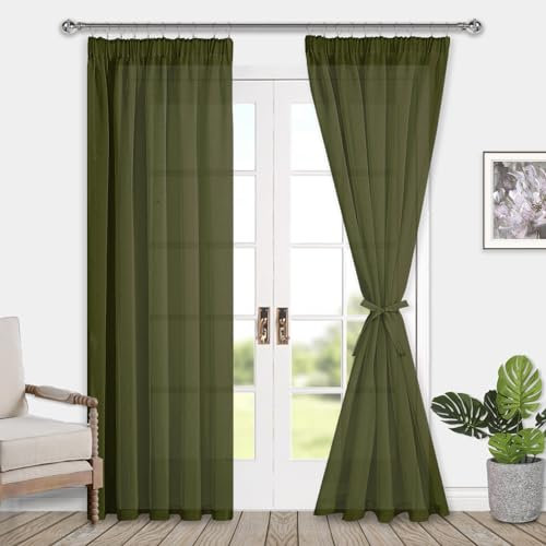 DWCN Green Sheer Curtains with Tiebacks Semi Transparent Voile Pencil Pleat Curtains for Bedroom and Living Room 2 Panels, Olive Green, W55 x L96 Inch