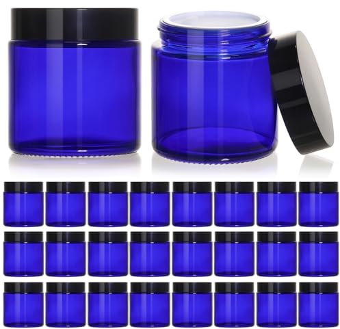 KEYWING Lot de 24 Pots en Verre Bleu de 118 ml avec Couvercles Noirs et Doublures Intérieures, Récipients Cosmétiques Vides pour Crème, Lotion