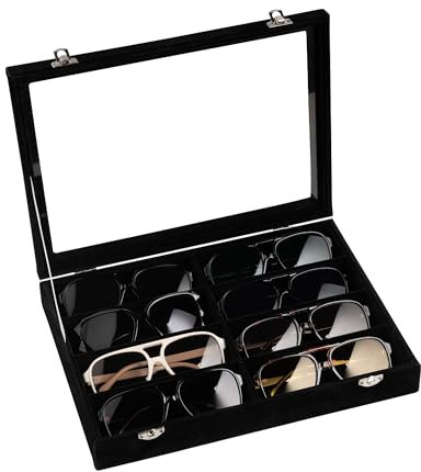 Frebeauty Sunglass Organizer,Velvet Glasses Organizer,8-Slot Sunglasses Tray with Clear Lid,Men's/Women's Sunglasses Box,Sunglass Case,13.3 x 9.6 x 2.2 Inches,Eyeglass/Eyewear Display Tray(Ink Black)
