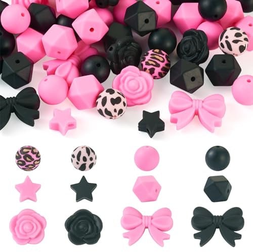 Cheriswelry 64Pcs Black & Pink Silicone Round Beads Star Octagon Bowknot Rose Shape Rubber Loose Beads for Necklace Bracelet Making Pen Decor