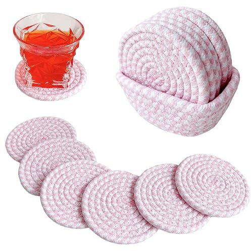 Valdivia Boho Untersetzer Gläser mit Ablagekorb, Handgefertigte Baumwolle Saugfähige Getränkeuntersetzer für Esstisch, Bars, Küche, Büro, Cafés, Minimalistische Deko und Geschenk zum Einzug Wohnung