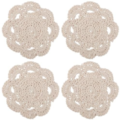 GORGECRAFT 6 Dessous de Verre Rond en Dentelle de Coton de 15cm Sets de Table au Crochet Vintage Petits Napperons au Crochet Faits à la Main Tapis de Tasse pour Table Salle à Manger Beige