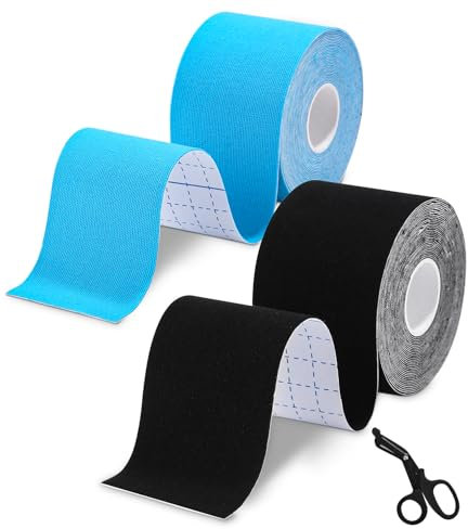 TIDEVAN 2 Rollen Kinesiologie Tape,Kinesiotapes Medizinisches Tape,Physio Tape Wasserfestes & Elastisches Hautfreundlich Kinesio Tapes für Knieschmerzen,Ellenbogen und Schulter,Blau +Schwarz(5cm x 5m)
