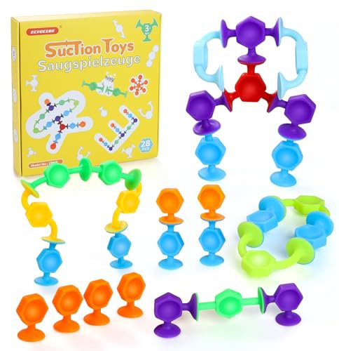 ECHOCUBE 28 Stück Saugnapf Spielzeug, Silikon Saugnapf Badespielzeug für Kinder ab 3 Jahre, Sensorisches Saugspielzeug, Stressabbau-Spielzeug, Reisespielzeug für Kinder und Erwachsene