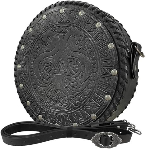 HiiFeuer Viking geprägte Umhängetasche Crossbody Bag, Gürteltasche aus nordischem Kunstleder Schultertasche, Mittelalter tragbare Cosplay Umhängebeutel (Schwarz A)