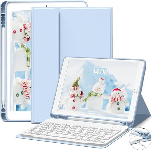 JKSML Keyboard Case for iPad 9th/8th/7th Generation (2021/2020/2019) 10.2 inch with Pencil Holder, Detachable Wireless Bluetooth Keyboard, Soft TPU Back Stand Case for iPad 9th/8th/7th, Light Blue