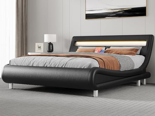 YITAHOME King Bed Frame with Ergonomic Headboard,Upholstered Led with Lights & Storage Charging Station,Platform with Pu Leather/No Box Spring Needed,Black