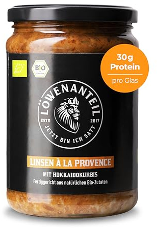 Löwenanteil - 100% Bio-Eintopf LINSEN À LA PROVENCE - 570g Glas - Proteinreiches Bio-Fertiggericht mit Linsen, weißen Bohnen und saftigem Hokkaido-Kürbis - Ohne Zuckerzusatz & Glutenfrei