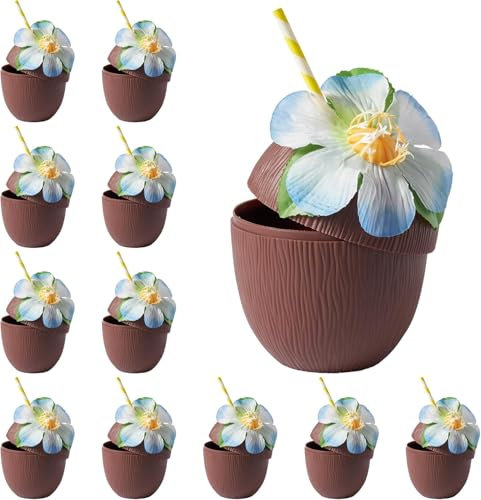 THE TWIDDLERS 24 Reusable Plastic Coconut Cups with Flowers for Decoration & Paper Straws - Garden, Pool & Beach Parties - Tiki Bar, Hawaiian-Themed Luau Party, Tropical Wedding