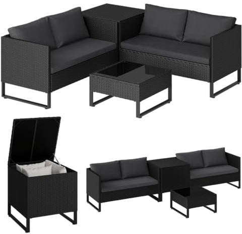 STEELSØN Polyrattan Sitzgruppe mit Aufbewahrungsbox Alniyat, Gartenmöbel Set mit 2X Gartenbank, 1x Tisch, Rattan Lounge für den Garten für 4 Personen