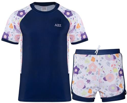 A2Z 4 Kids Girls Swimsuit Set Kids Rash Guard Trunks Set Floral Print 2 Piece Suit Swimwear - SW Swimsuit 899 Navy 13-14