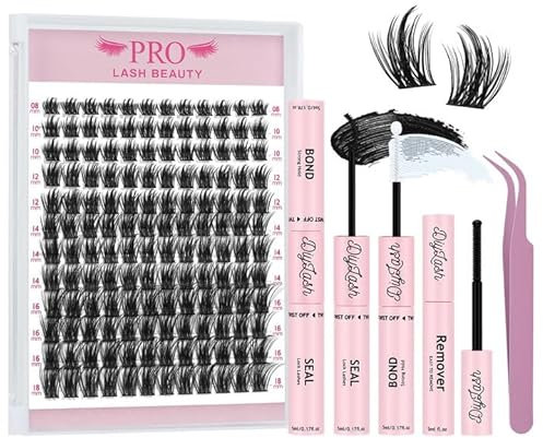 Cluster Lashes Kit 144pcs Eyelashes Individual Kit Natural Eyelash Clusters 8-18mm Lash Clusters D Curl Lash Extension Kit with Bond and Seal Lash Glue Lash Remover Easy to Apply at Home