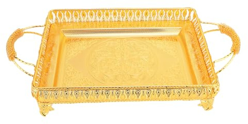 Tissting Vassoio di Servizio in Metallo Turco con Manici Vassoio Rettangolare oro Decorativo per Set di tè e Caffè Cucina Piatto da Pranzo Antico Nuziale 51x28x9,5cm/20.1x11x3.7in
