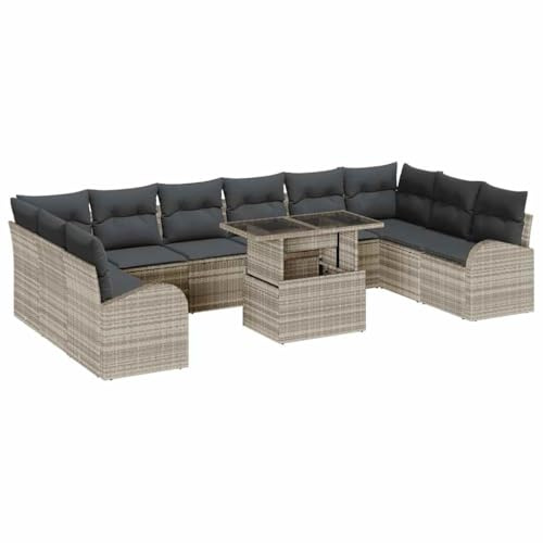 vidaXL Garten-Sofa-Set mit Speicher 11 pcs Hellgrau Poly Rattan, Garten und Terrasse, modernes modulares Sofa-Set, verstellbare Füße, Poly-Rattan Lounge, Outdoor-Sitzgelegenheiten