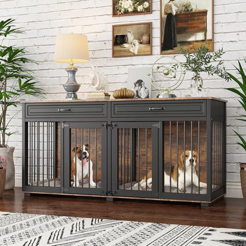 Hundekäfig schrank xxl, Hundekäfig mit 2 Schubladen und 2 Türen, Hundebox für Zuhause Große/Mittlere Hunde,Beistelltisch, Hundehütte Indoor, Hochbelastbar Hundehaus für Zuhause, Braun,164 x 60 x 80 cm