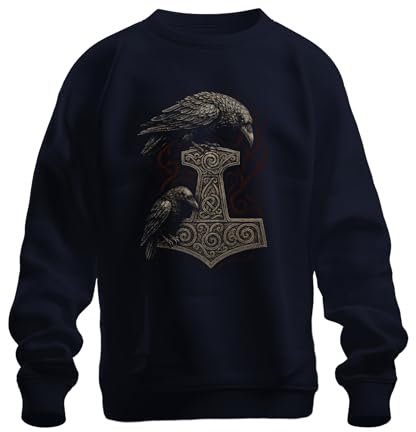 Printera Thor's Hammer with Ravens Nordic Mythology Viking Rune Art Unisex Sweatshirt Jumper, Navy, 3XL