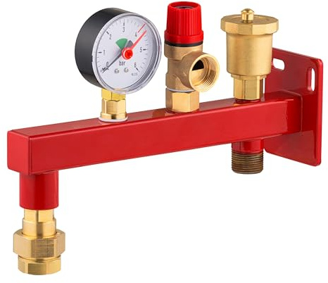 Console équipée pour vase d’expansion de chaudière avec valve d'isolement | avec soupape de sécurité à membrane, manomètre et purgeur d’air automatique intégrés | structure en acier NOYON & THIEBAULT