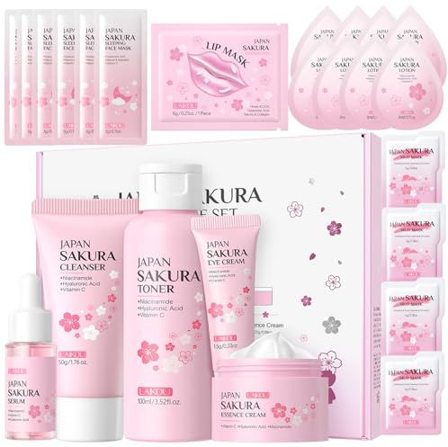 Honicemar 24Pcs Coffret Soins Peau Extrait Fleur Cerisier Kit Hydratant, avec Nettoyant, Toner, Crème Yeux, Sérum, Crème Visage, Masque Lèvres, Lotion, Masque Boue, Masque Nuit