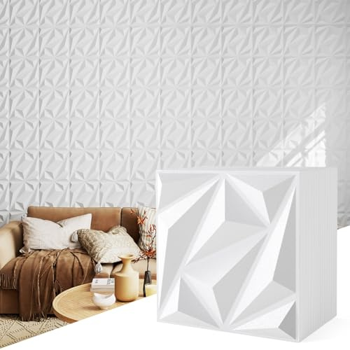 COSTWAY 20/50 Pack Decorative 3D Wall Panels, 30x30cm/50x50cm PVC Diamond Textured Interior Wall Decor with Stickers, Wall Covering Accent Paneling for Bedroom TV Background (50 Pack, White, 30x30cm)