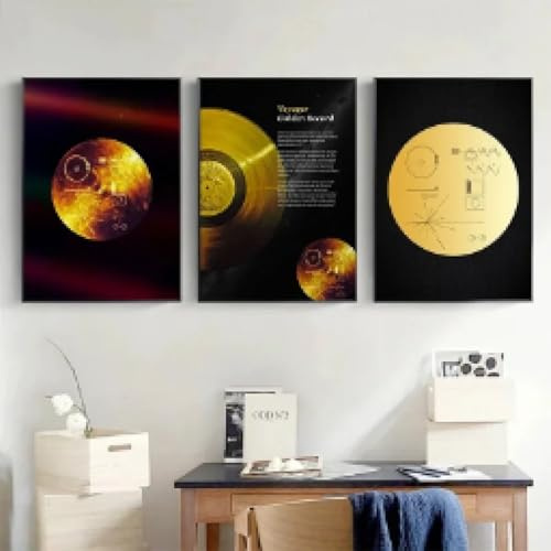 LIMAIDUO Leinwandgemälde „Voyager 1 Golden Record Space“, Vintage-Poster und Drucke, Wandkunst, Bild für Club-Wohnzimmerdekoration, 50 x 75 cm x 3 Rahmen