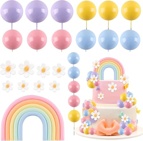 CHarmeFleur Regenbogen Kuchen Topper 26 Stück Makronen Kugeln Kuchen Deko Mit Blumen Hippie Kuchen Topper Gänseblümchen Motiv Kuchen Deko Bunte Kugeln Cupcake Deko Für