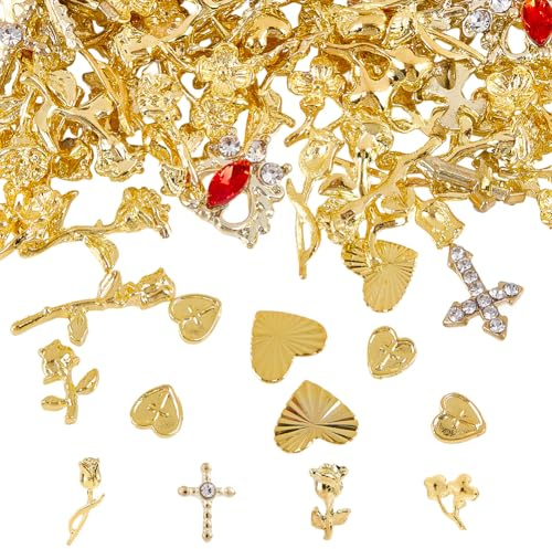 SOFPLATE 120 ensemble de Breloques pour Ongles Dorées 12 styles Bijoux pour Ongles Dorés 3D Petit Alliage Rétro Métallique Croix à Dos Plat avec Strass Cœur Brillant Rose Fleur Gemmes Design Artistiqu