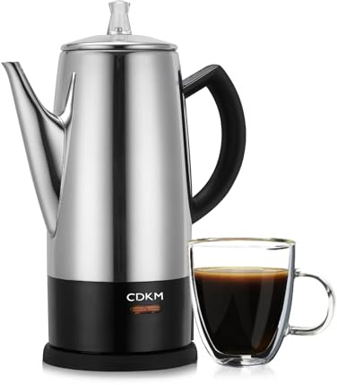 CDKM Cafetera Classic Percolador 12 tazas, PC-9822, acero inoxidable con mantenimiento caliente, servicio inalámbrico (pulido espejo)