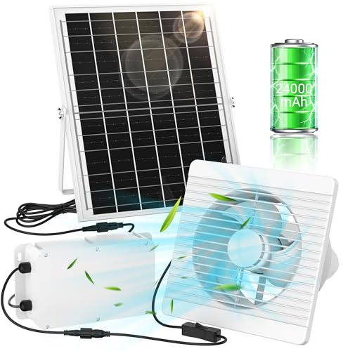 Ventilateur d'échappement solaire avec batterie de 24 000 mAh, 25 W, ventilateur à énergie solaire pour utilisation jour/nuit, 3200 tr/min, haute vitesse, faible bruit, étanche, pour poulaillers