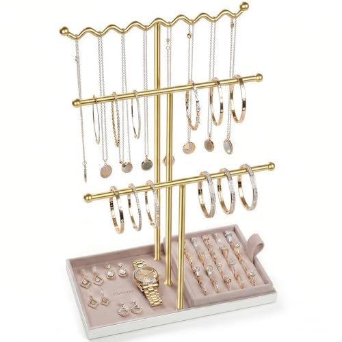 necvha Schmuckständer für Halsketten und Armbänder, 3-stöckiger Schmuck Organizer mit Samttablett, T-Steg Schmuck ständer für Ketten, Ringe und Ohrringe(Rosa)