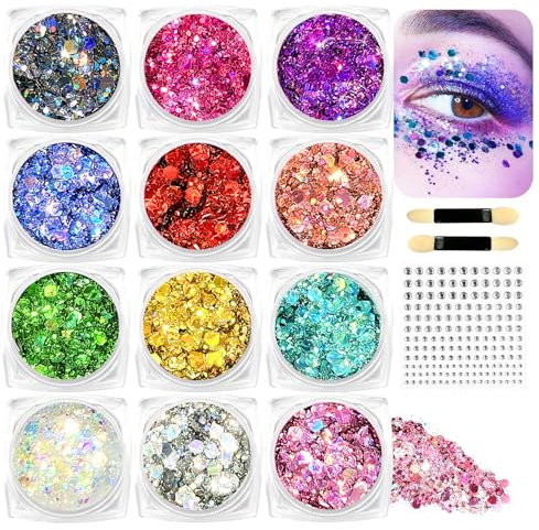 Soodyoow Glitter Viso Make up in Gel 12 colori Glitter per Corpo e Capelli Autoadesivo con Scintillii, Impermeabile 1 Fogli Adesivi con Strass per Trucco Professionale per Trucco Festival