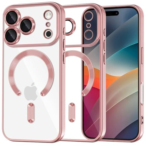 Techsuit für iPhone 17 Pro Max Hülle mit Kristallklarem Design, Magnetring Kompatibel, Erhöhte Kanten, Kameraschutz, Kabelloses Laden Kompatibel, Anti Kratzer, Luxury Crystal Magnetic Series, Rosa