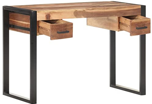 QZZCED Schreibtisch Massivholz Akazie 110x50x76 cm mit Zwei Schubladen, Vintage Computertisch aus massivem Akazien- und Gummibaumholz mit stabilem Stahlgestell, Bürotisch