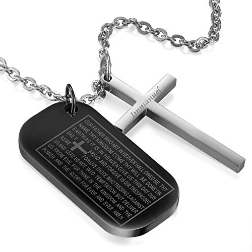 JewelryWe Kreuz Erkennungsmarke Halskette Herren: Schwarz Silber Edelstahl Retro Immanuel Kruzifix Bibel Herr Gebet Vaterunser Dog Tag Anhänger Kette Religiöse Christian Schmuck Geschenk für Männer