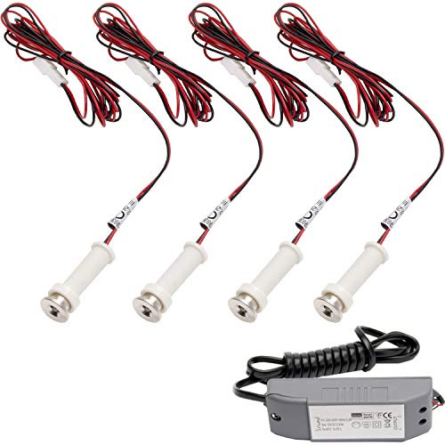 Loops 4X Round LED Mini Plinth Light Kit | Stainless Steel & Warm White | Bathroom & Kitchen Skirting Kickboard Spot Lights | Recessed/Flush Cabinet Counter Panel Lighting